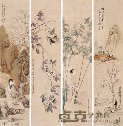 陶淇 胡骏声 范玑 张卓甫 丙午（1846年）、丁未（1847年）作 山水 人物 花卉 四屏 66×16cm×4